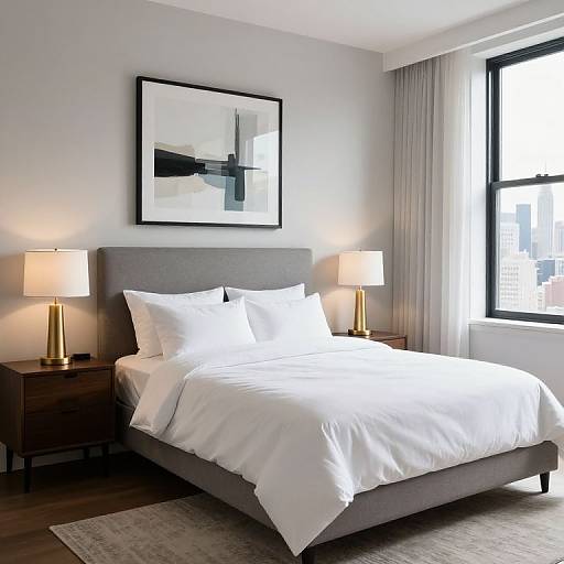 Modern bedroom photograph: Gray upholstered bed with white linens, two gold lamps, abstract black-and-white framed art, large window with sheer curtains,