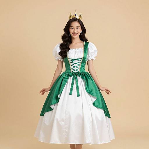 Photograph of an Asian woman with long black hair, wearing a white princess dress with green ribbon accents, crisscrossed corset, and a