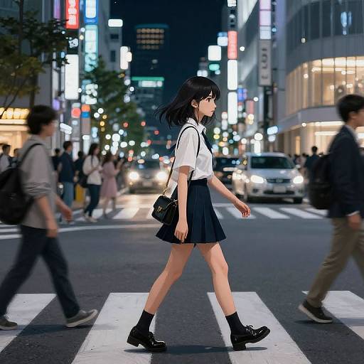 Anime-style digital artwork of a young woman in a white blouse and black skirt crossing a brightly lit, bustling city street at night.