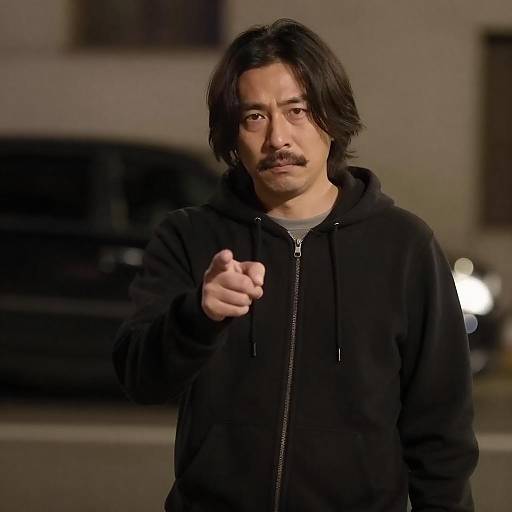 Serious Man Pointing in Night