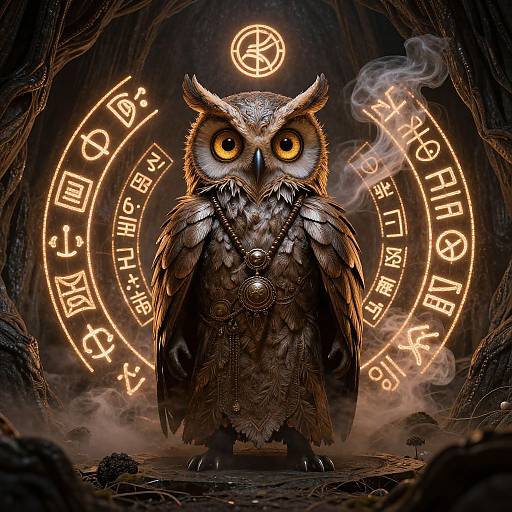 Digital artwork of a mystical, detailed owl with glowing yellow eyes, adorned with jewelry, standing in a cave surrounded by glowing, circular runes.