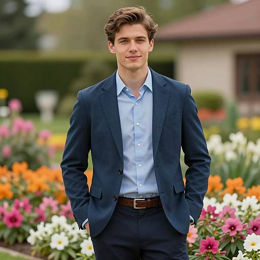 Young Man in Smart Casual Outfit in Flower Garden