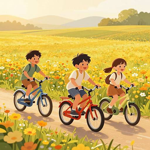 Illustration of three children riding colorful bicycles through a sunny, yellow flower field, with trees in the distant background.