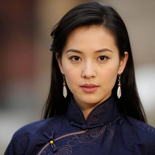 Photograph of an Asian woman with long black hair, wearing a dark blue traditional Chinese cheongsam with intricate patterns and white teardrop earrings,