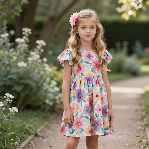 Young Girl in Floral Dress in Garden