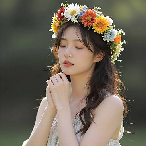 Photograph of an Asian woman with fair skin, long dark hair, wearing a floral crown and white dress, hands clasped, eyes closed, in