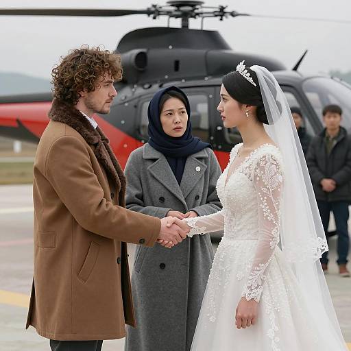 Bride and Groom Handshake Near Helicopter