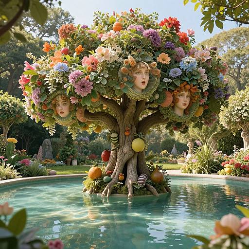 Photograph of a whimsical tree with three flower-crowned, fair-skinned, red-haired faces, standing in a colorful garden pond, surrounded by