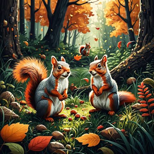 Curious Cartoon Squirrels in Autumn Forest Curious Cartoon Squirrels in Autumn Forest