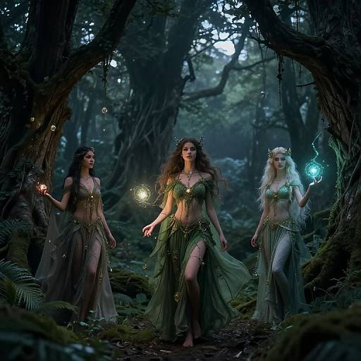 Photograph of three ethereal forest women with long hair, wearing green, leaf-like dresses, holding glowing orbs, in a dark, mystical forest.