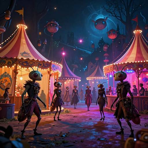 Digital artwork of a vibrant, neon-lit carnival at night featuring humanoid insect creatures in elaborate costumes, surrounded by colorful tents and floating lanterns.