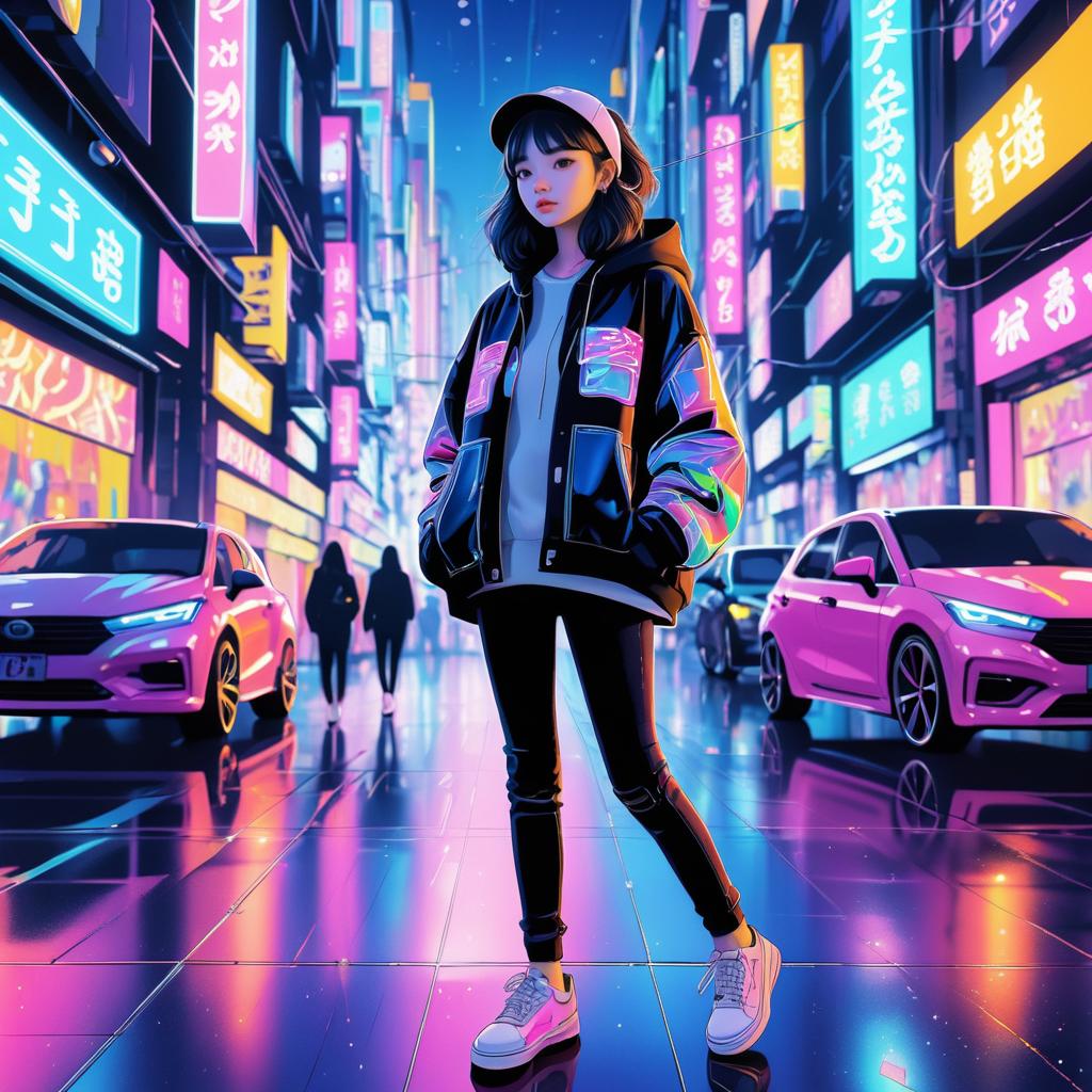 Teenage Girl in Neon Cityscape