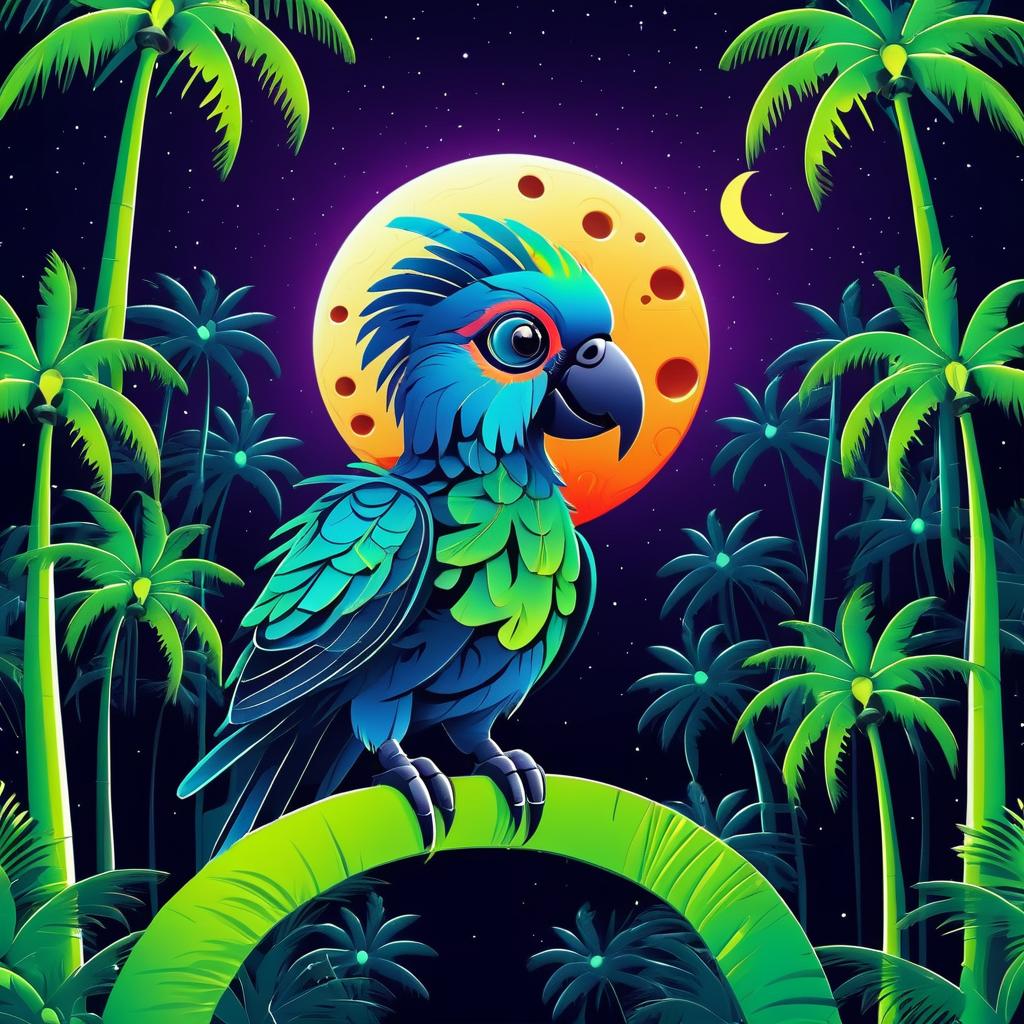 Cute Alien Parrot in Moonlit Forest