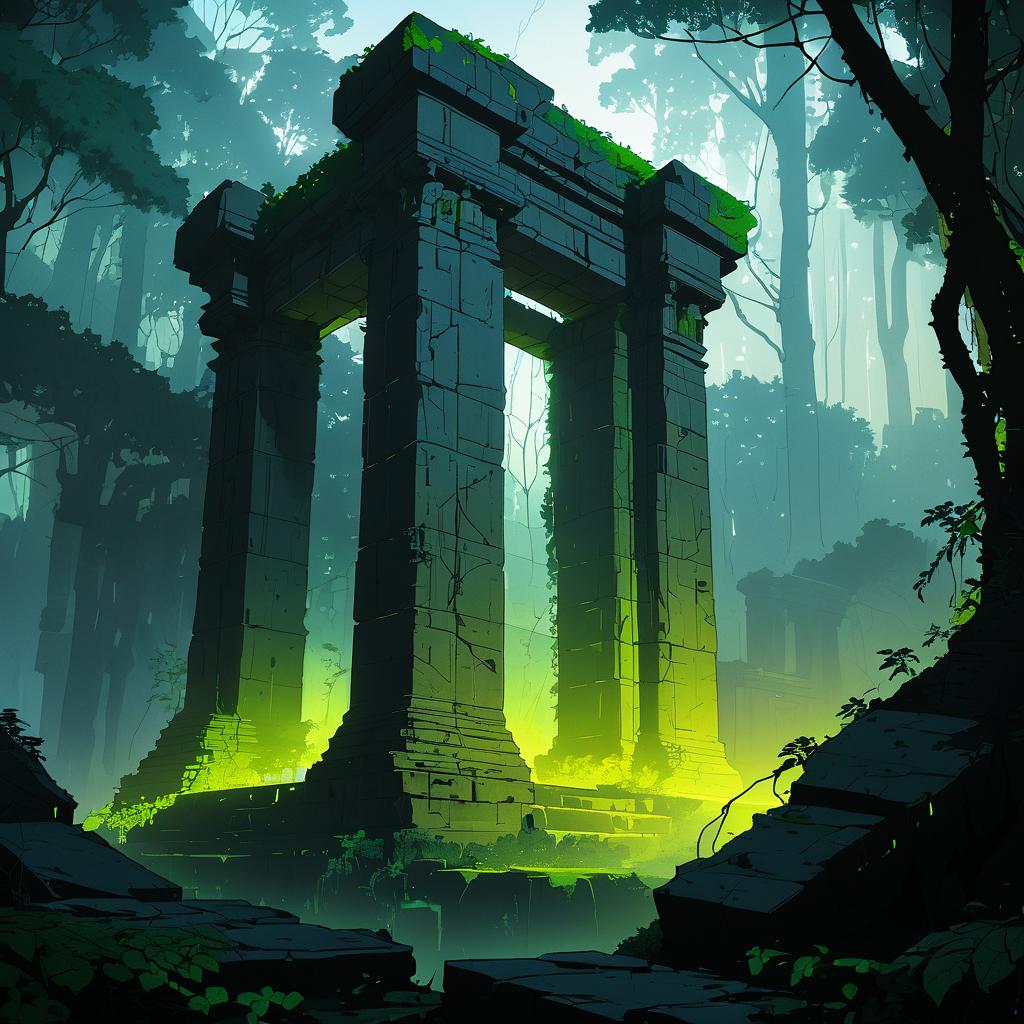 Futuristic Foggy Woodland with Ancient Ruins