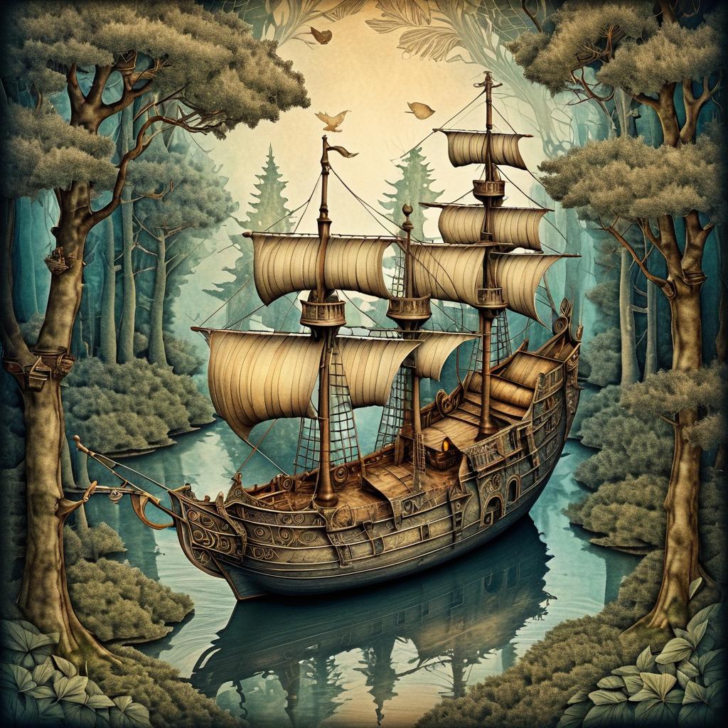 Whimsical Fantasy Ship Over Enchanted Forest