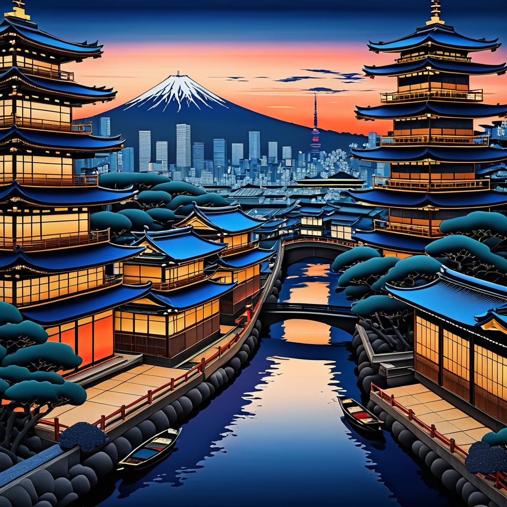 Intricate Tokyo Dusk in Hokusai Style