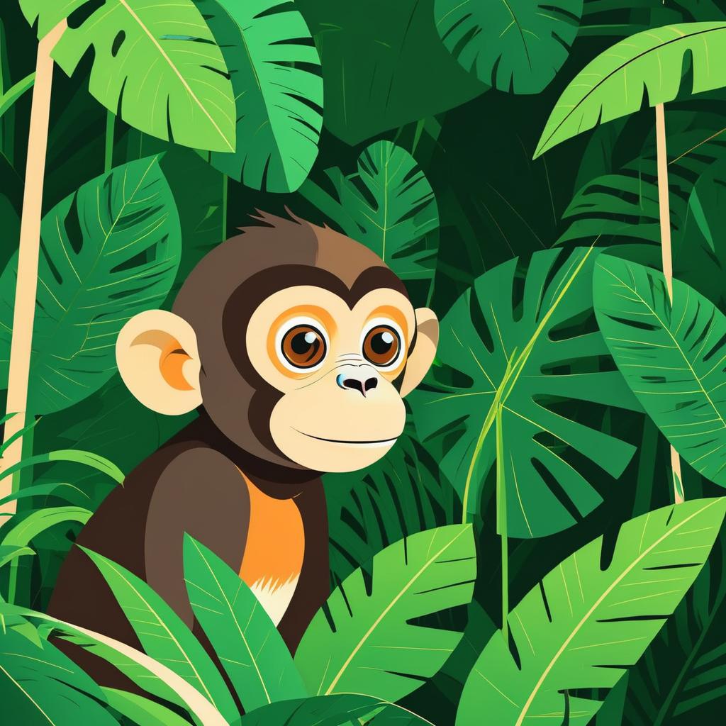 Curious Monkey in Minimalist Jungle Art