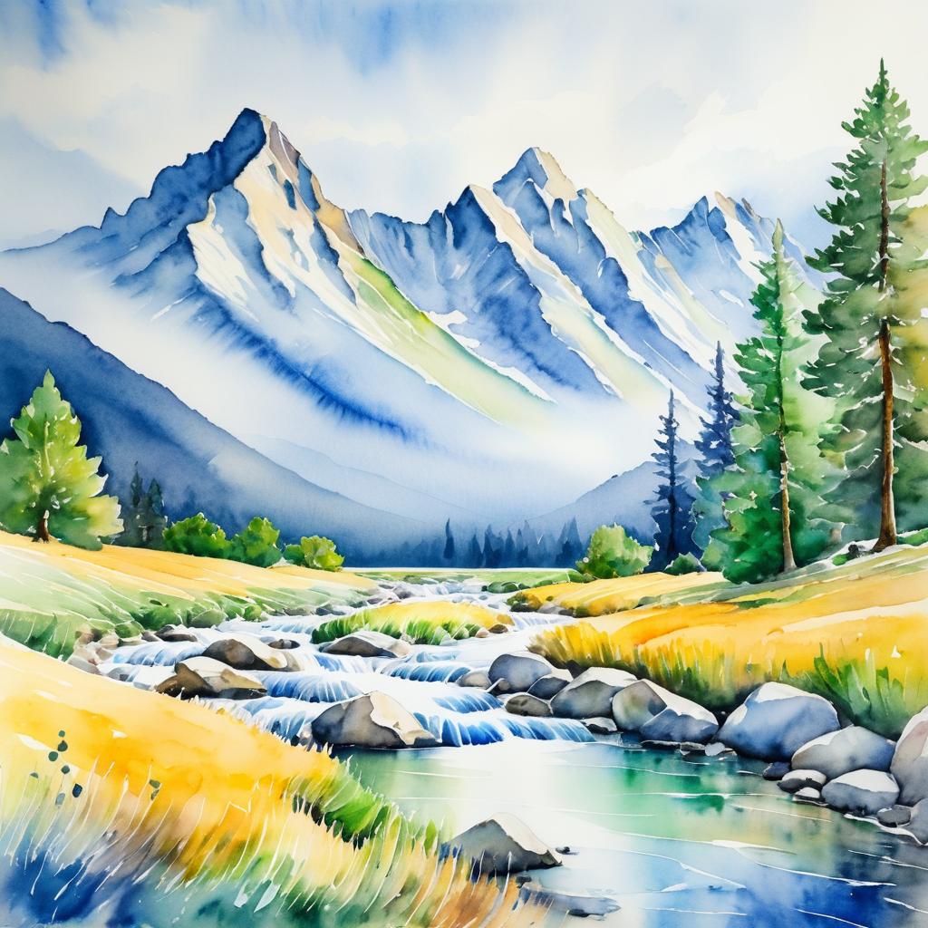 Serene Mountain Landscape Watercolor Art