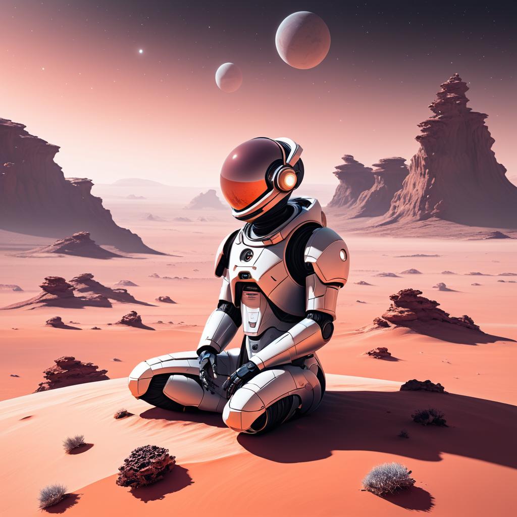 Meditative Robot on Martian Landscape