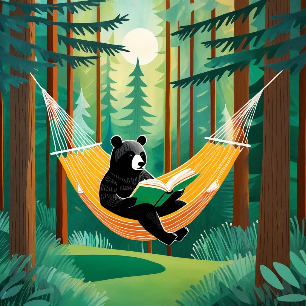 Whimsical Bear Reading in Forest Hammock