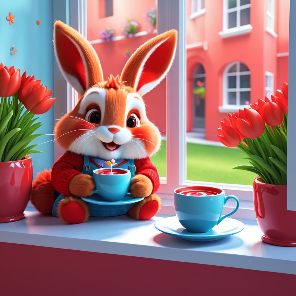 Cozy Cartoon Rabbit with Coffee