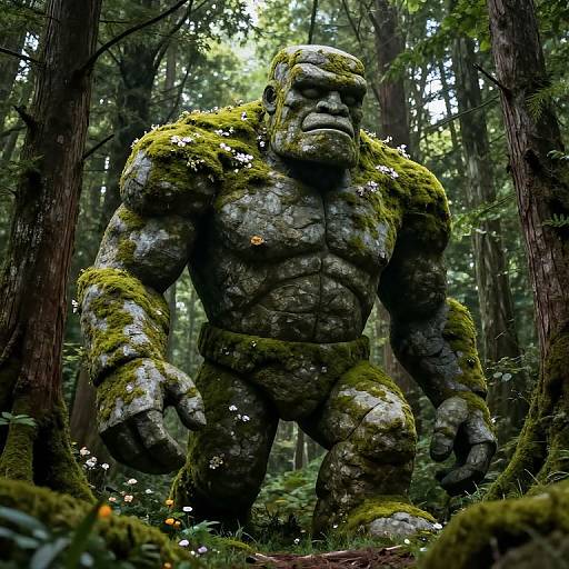 Photograph of a moss-covered, stone statue resembling a muscular, humanoid figure with a grim expression, kneeling in a dense, sunlit forest.