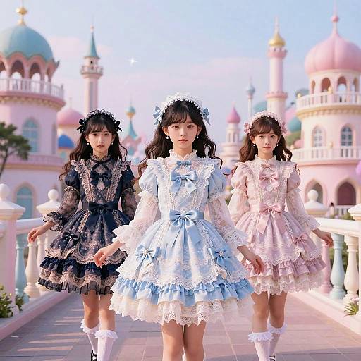 Three young Asian girls in frilled, pastel-colored dresses walk down a pastel-colored castle path, wearing white lace headbands. Digital art.