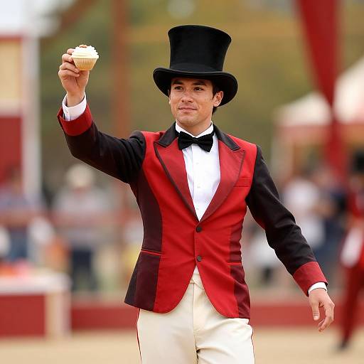 Photograph of a smiling man in a black top hat and red-black tuxedo, holding a cupcake, outdoors at a festive event.