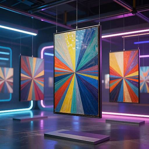 Photograph of vibrant abstract paintings with radial, colorful patterns in blue, yellow, red, and orange, suspended in a dark, neon-lit gallery