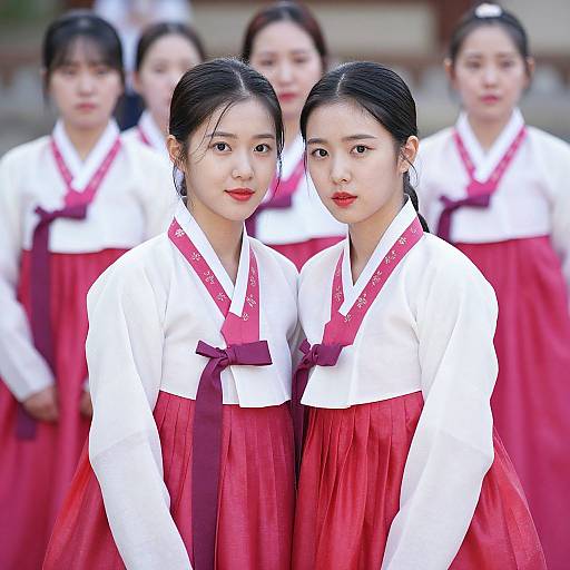 Photograph of two Asian women with black hair in traditional white hakama tops and red skirts, standing in front of three blurred women, all with red