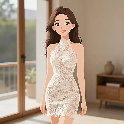 Digital anime-style woman with long brown hair, wearing a white lace halter dress, stands in a sunlit, modern living room.