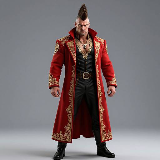 Photograph of a muscular man with a mohawk, wearing a red, gold-embroidered coat, black vest, and boots, standing confidently