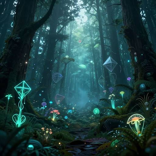 Digital fantasy forest with glowing, neon mushrooms and geometric plants, illuminated by ethereal blue-green light, surrounded by tall, shadowy trees.