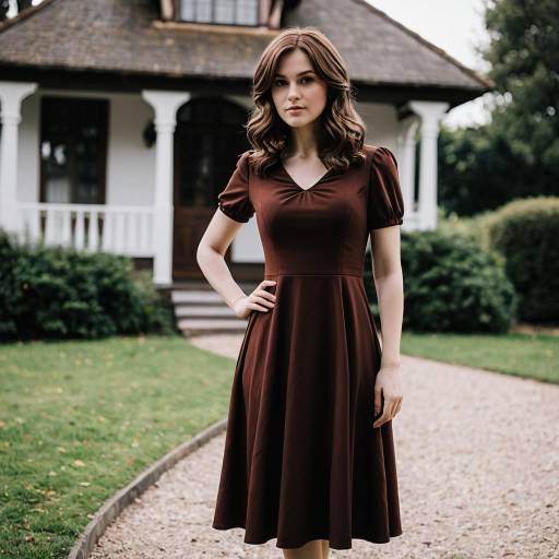Woman in Elegant Brown Dress in Garden
