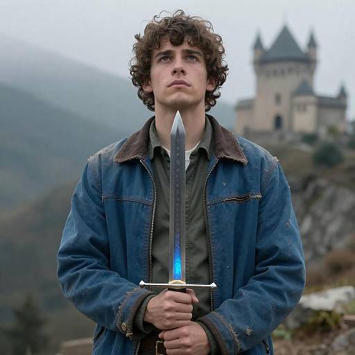 Epic Young Warrior in Foggy Mountains