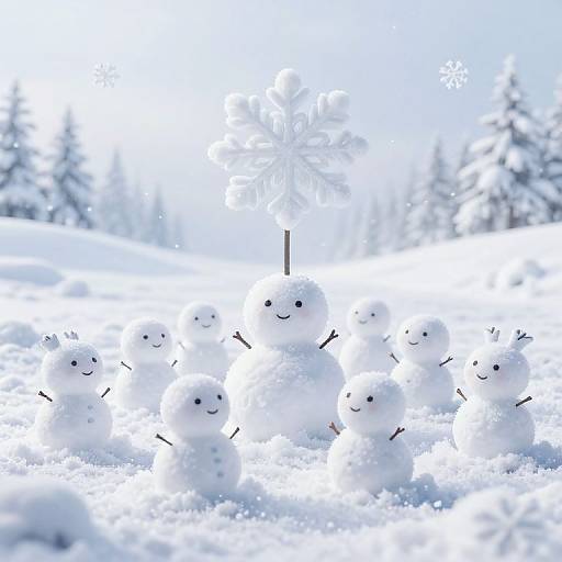 Photograph of a snowy field with a cluster of cheerful snowmen, each with black eyes and smile, standing around a tall snowflake-shaped snowman