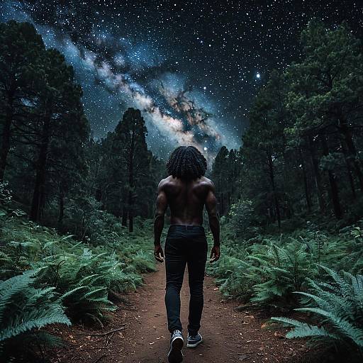 Man Walking in Forest Under Starry Sky