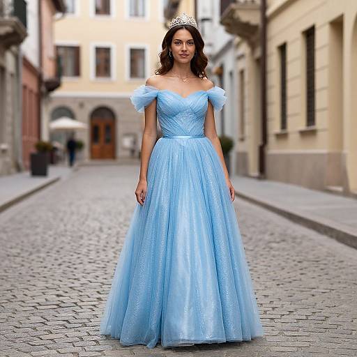 Photograph of a woman with dark curly hair wearing a light blue off-shoulder, floor-length ball gown and silver tiara, standing on a