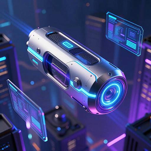 Digital CGI of a futuristic, glowing blue and purple hovercraft with neon lights, floating above a neon-lit cityscape.