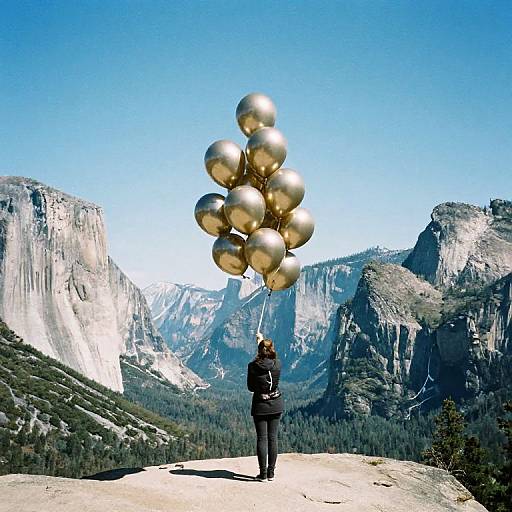 Photograph of a person in black coat holding gold balloons, standing on rocky mountain ledge, with Yosemite's granite cliffs and clear blue sky in background.