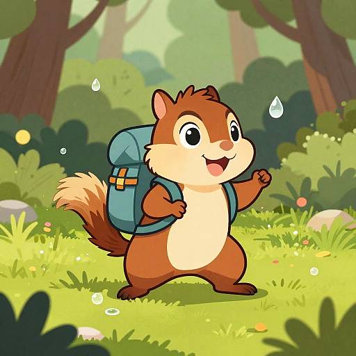 Cartoon chipmunk with blue backpack stands on sunny forest path, smiling, with water droplets and lush greenery in the background.