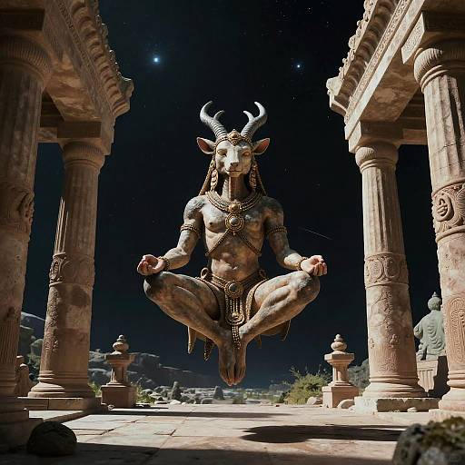 Satyr Humanoid Meditating in Ancient Temple