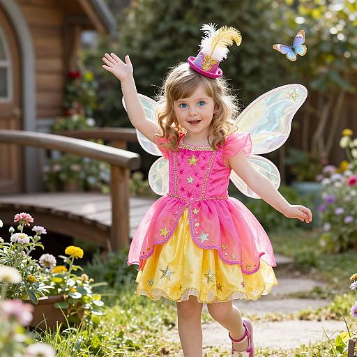 Photograph of a blonde, fair-skinned toddler fairy with pink and yellow dress, white wings, and feathered hat, waving at a butterfly in
