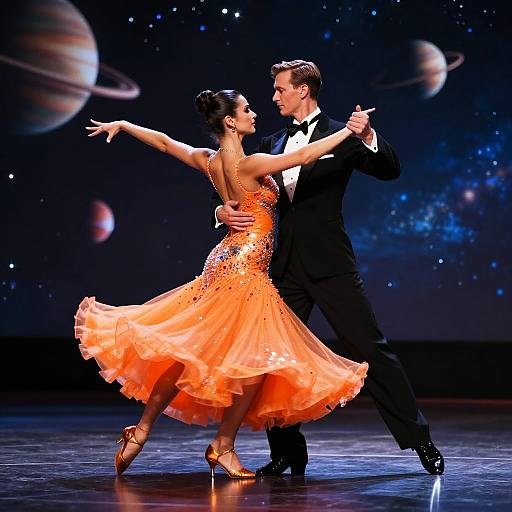 Photograph of a dancing couple in a vibrant orange ballroom dress and black tuxedo, performing under a starry, planet-filled backdrop.