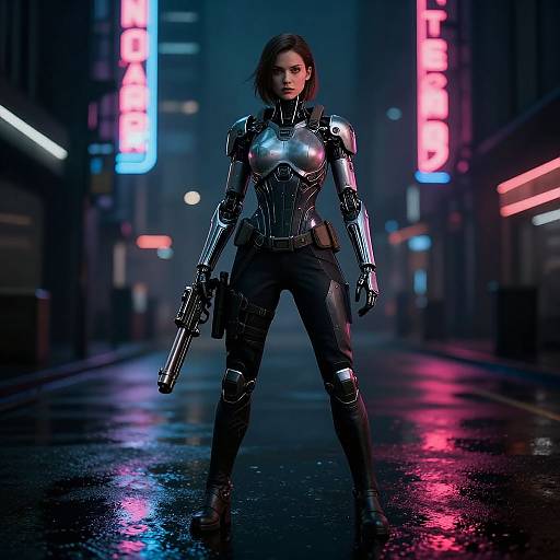 Cybernetic woman in black leather and metal armor, holding a gun, stands confidently in a neon-lit, rainy city street. (Digital
