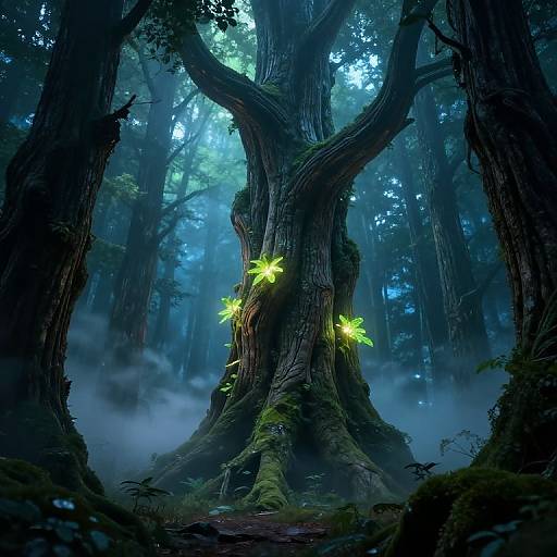 Digital artwork of a mystical forest with a large, twisted tree at center, glowing green fireflies illuminating its textured bark, surrounded by mist and towering