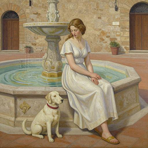 Digital painting of a fair-skinned woman in a white gown, sitting beside a stone fountain with a yellow Labrador dog, in a sunlit, rustic