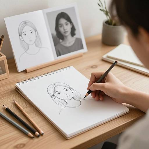 Artist Sketching Simple Portraits in Cozy Studio
