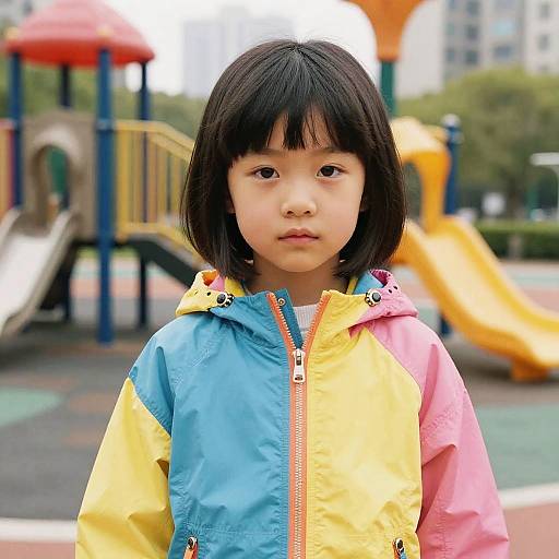 Choppy Bangs Girl in Colorful Jacket