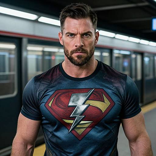 Photograph of a muscular, bearded man with short brown hair, wearing a black Superboy t-shirt with a red Superman lightning bolt logo, standing